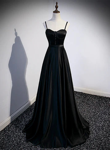 Noble and minimalist black satin sleeveless off shoulder long party dress, black A-shaped thin shoulder strap off back and floor length evening dress