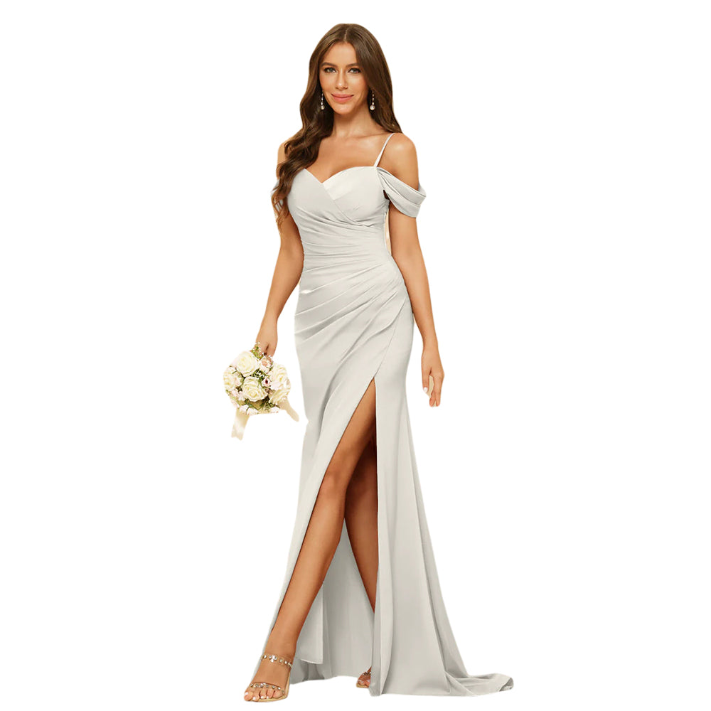 Sheath/Column Off-The-Shoulder Spaghetti Straps Long Formal Dresses With Split Side