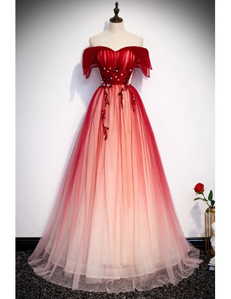 Unique/Beautiful Red Gradient Princess Shoulder Short Sleeve Beaded Long Hanging Neck Evening Dress Gradient Red Sleeveless Backless and Floor Length Evening Dress