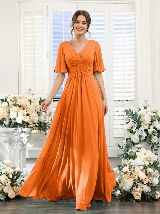 A-shaped V-shaped leader bridesmaid dress suitable for wedding guests long chiffon formal slit party dress