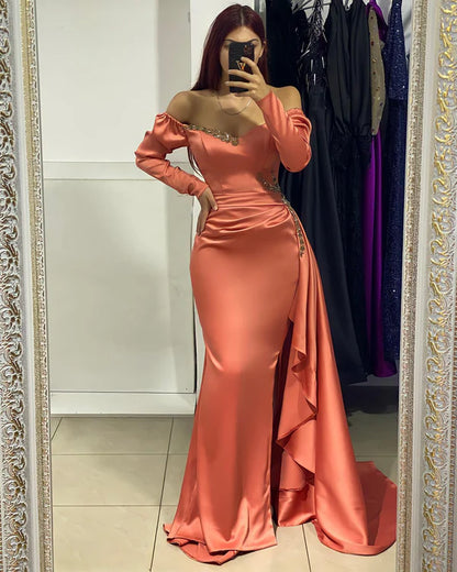 Off shoulder bead high slit long formal evening dress