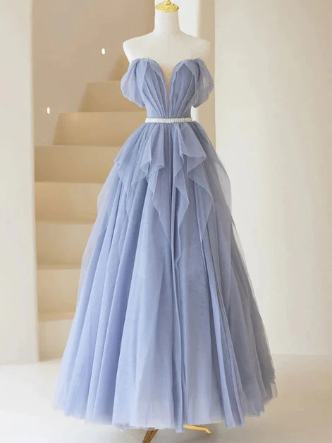 Sweet Blue Tulle Off the Shoulder Sleeveless Ball Dress Blue A-shaped Tulle Off the Back Tie and Floor Length Evening Dress