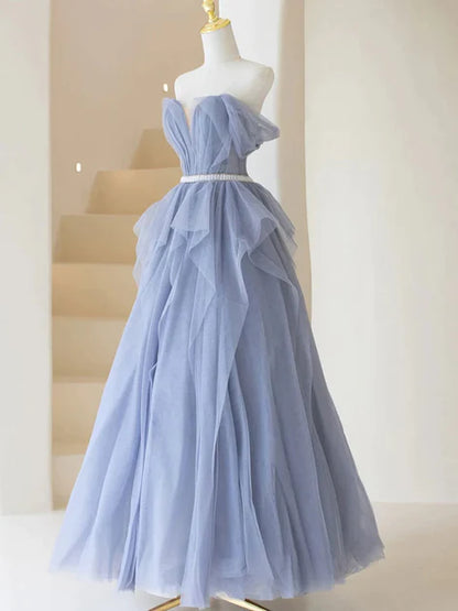 Sweet Blue Tulle Off the Shoulder Sleeveless Ball Dress Blue A-shaped Tulle Off the Back Tie and Floor Length Evening Dress