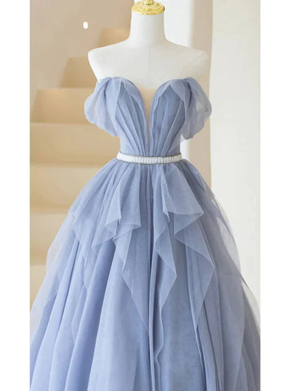 Sweet Blue Tulle Off the Shoulder Sleeveless Ball Dress Blue A-shaped Tulle Off the Back Tie and Floor Length Evening Dress