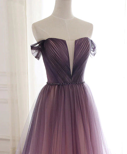 Elegant gradient purple shoulder transparent short sleeved beaded belt ball dress gradient purple deep V-neck backless everning dress