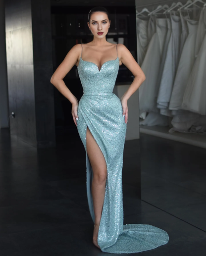 Elegant Blue Mermaid Ball Dress with Thin Shoulder Strap and Sparkling Evening Dress with Lace Back Fold and Fork Formal Long Style Special Occasion Party Dress