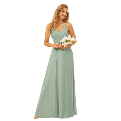 A-Line/Princess Halter Long Bridesmaid Dresses With Split Side