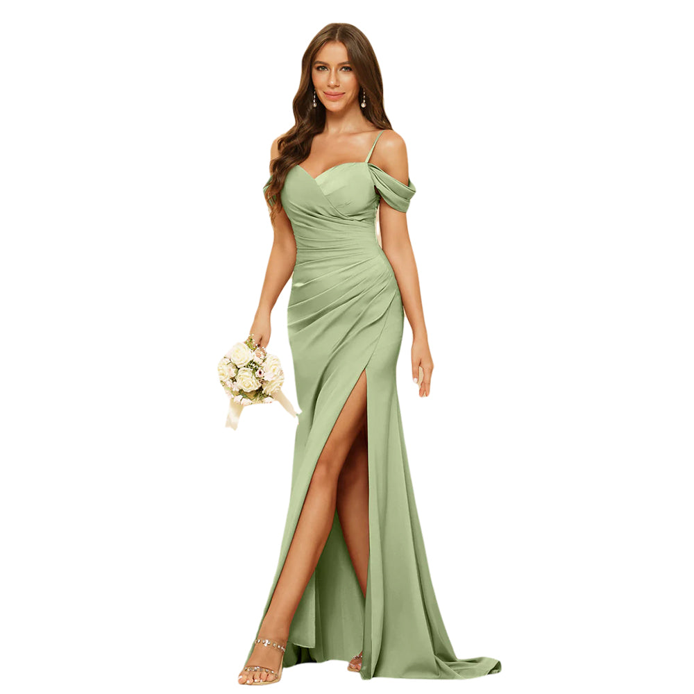 Sheath/Column Off-The-Shoulder Spaghetti Straps Long Formal Dresses With Split Side