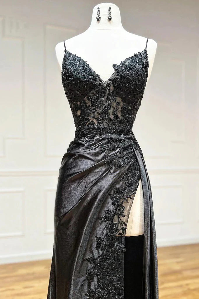 Spaghetti Straps Appliques Side Slit Black Prom Evening Foamal Dress