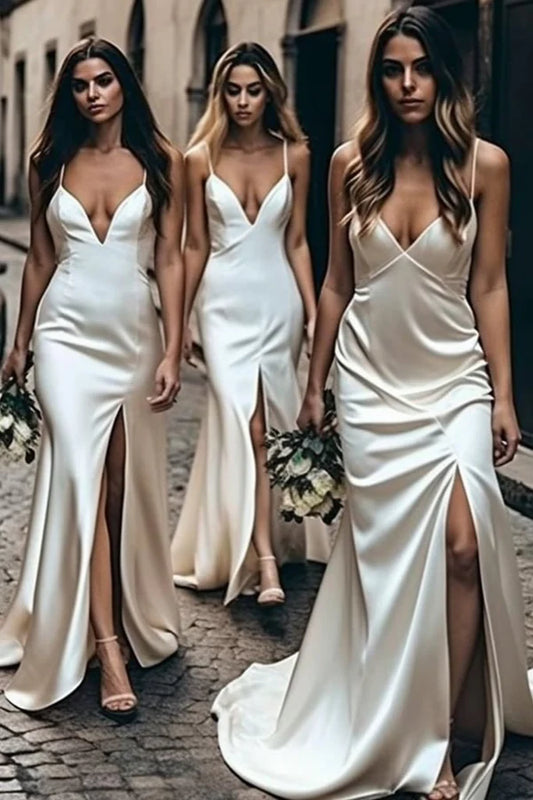 Thin shoulder strap V-neck side slit long bridesmaid dress