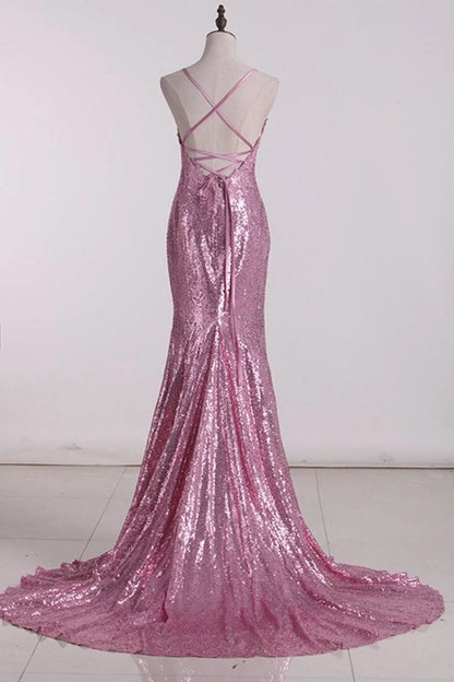 Trumpet/Mermaid Spaghetti Straps Rose Gold Sequins Backless Prom Evening Dress With Applique