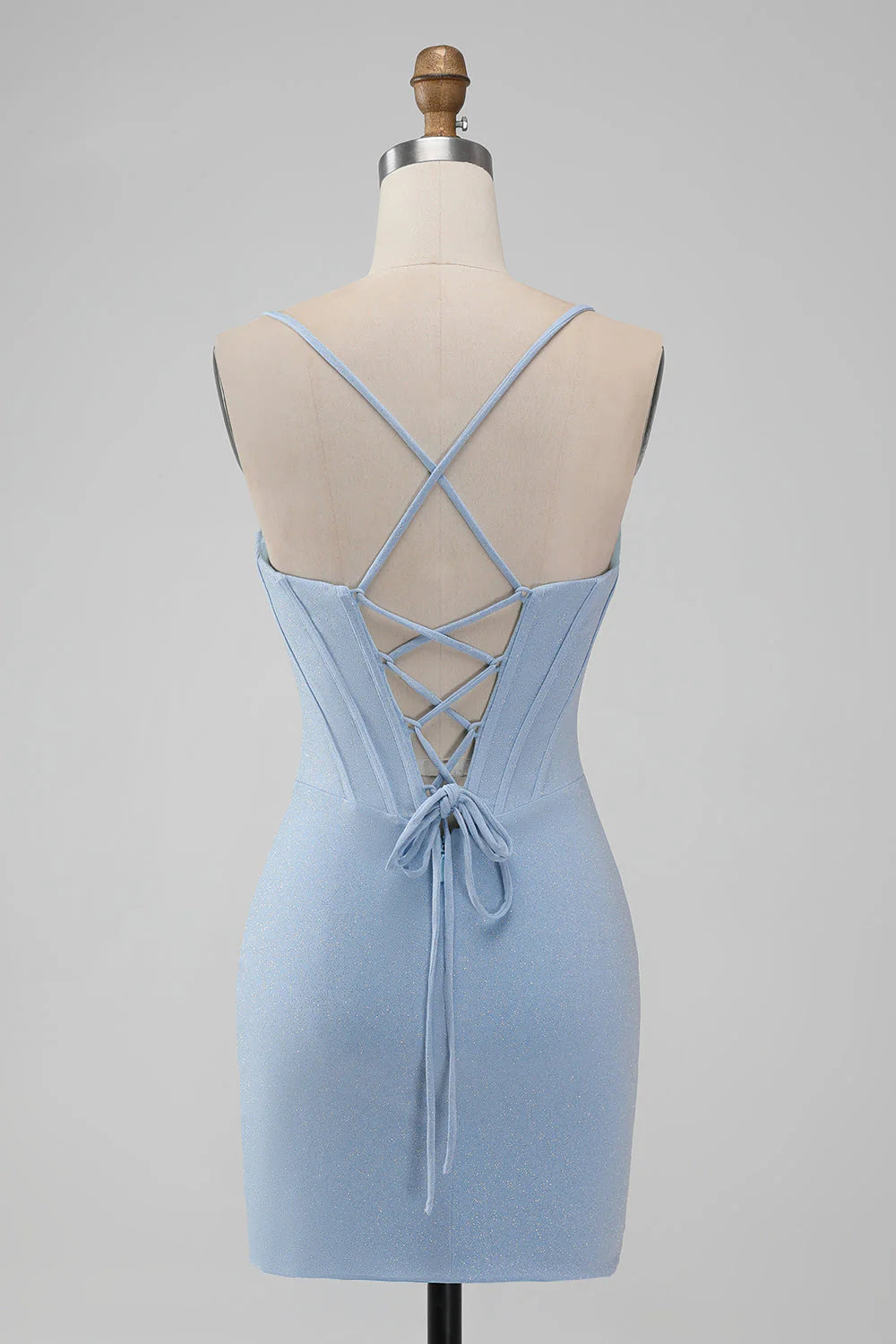 Light blue tight fitting thin shoulder strap tight corset short back to school dress