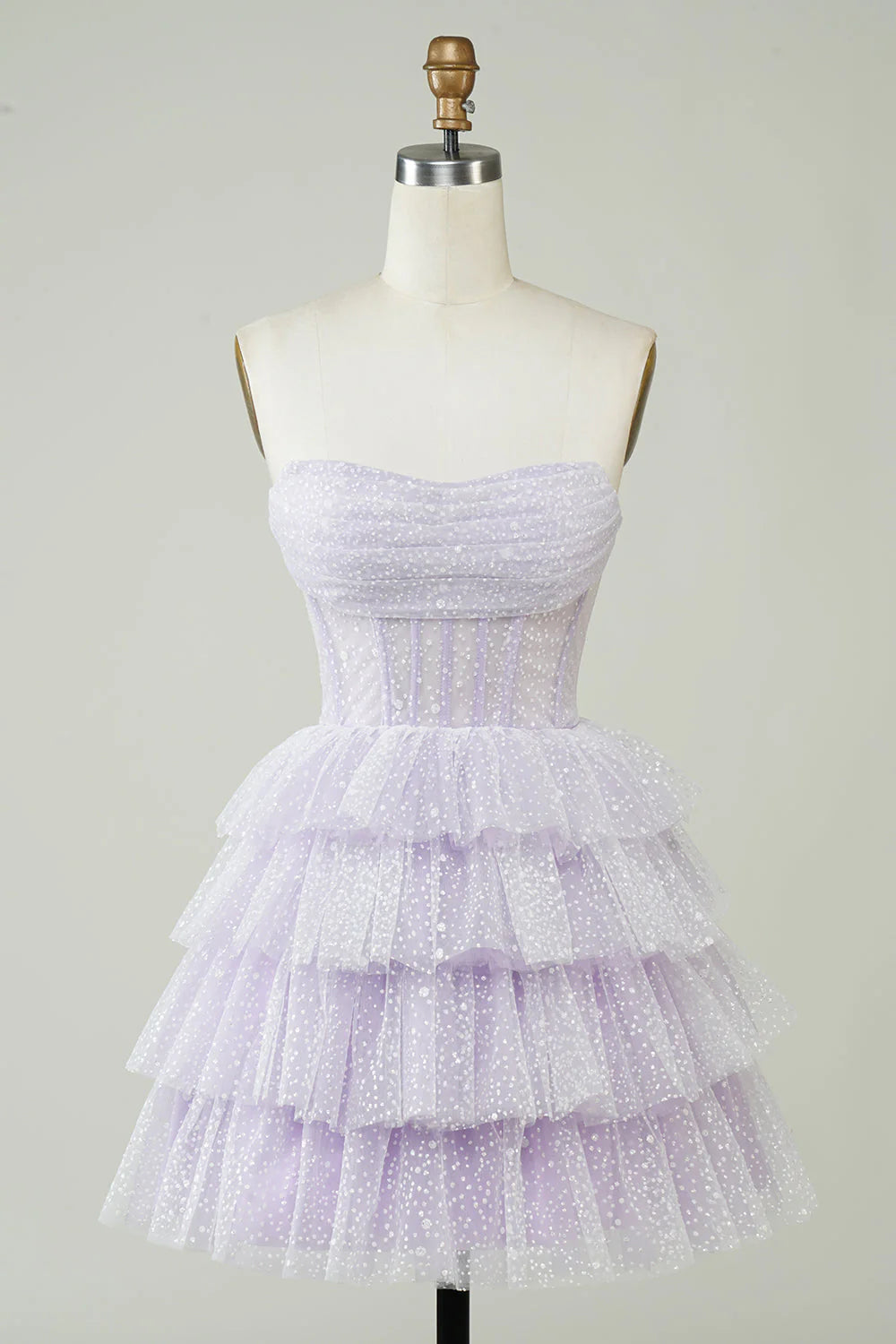 Sparkling lilac A-line strapless polka dot corset layered short back to school dress