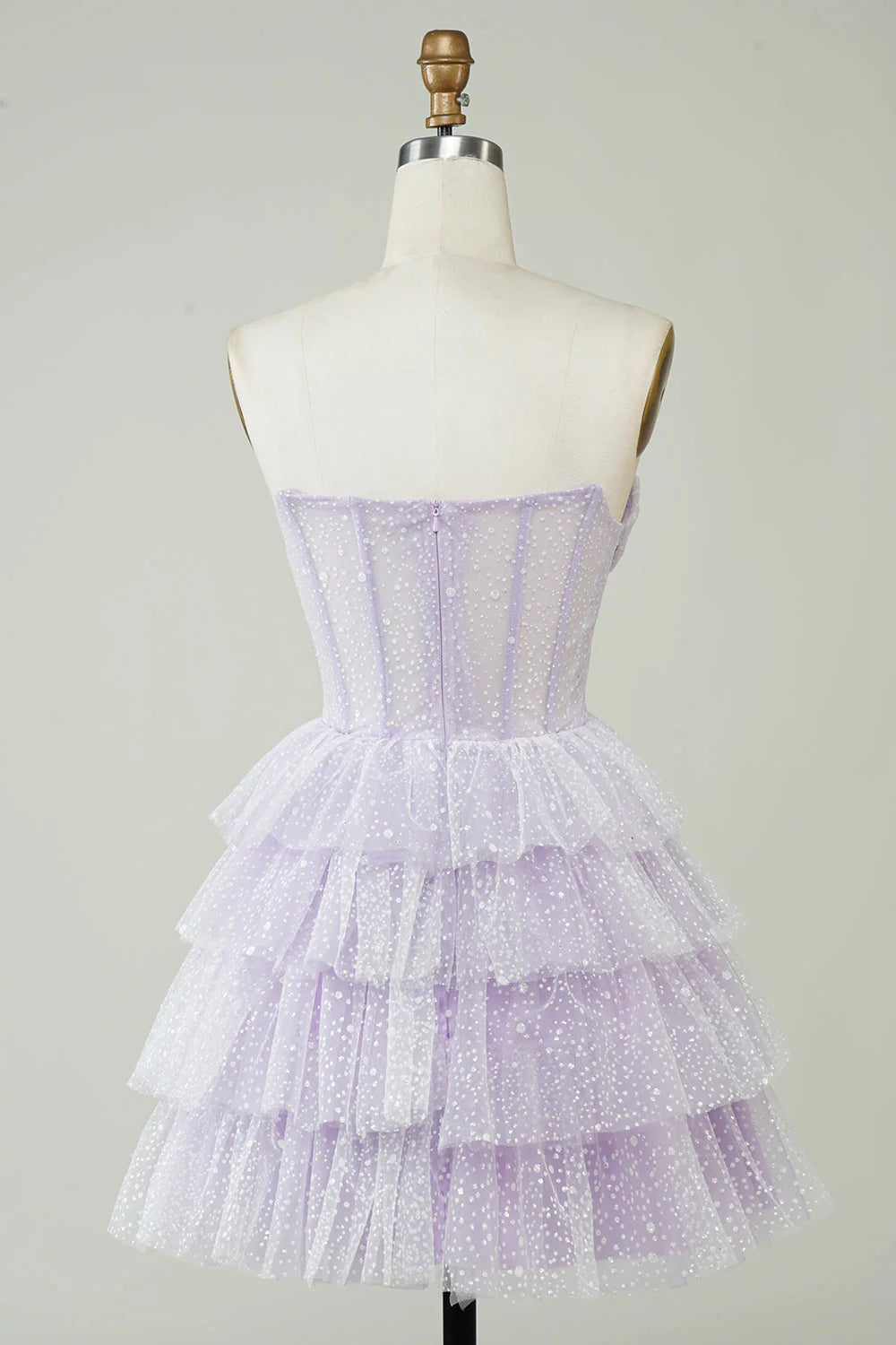 Sparkling lilac A-line strapless polka dot corset layered short back to school dress