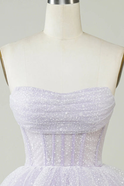 Sparkling lilac A-line strapless polka dot corset layered short back to school dress