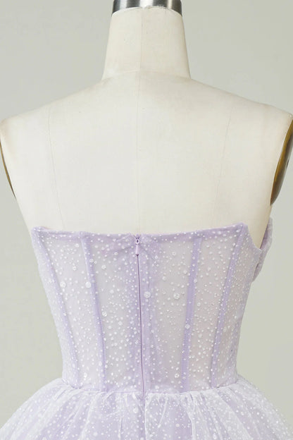 Sparkling lilac A-line strapless polka dot corset layered short back to school dress