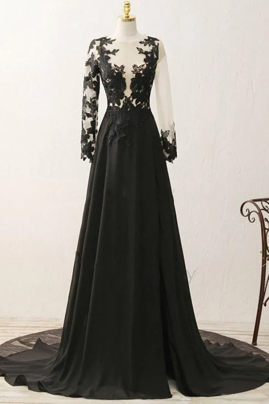 Noble black A-line V-neck long sleeved sheer applique black evening dress ball dress