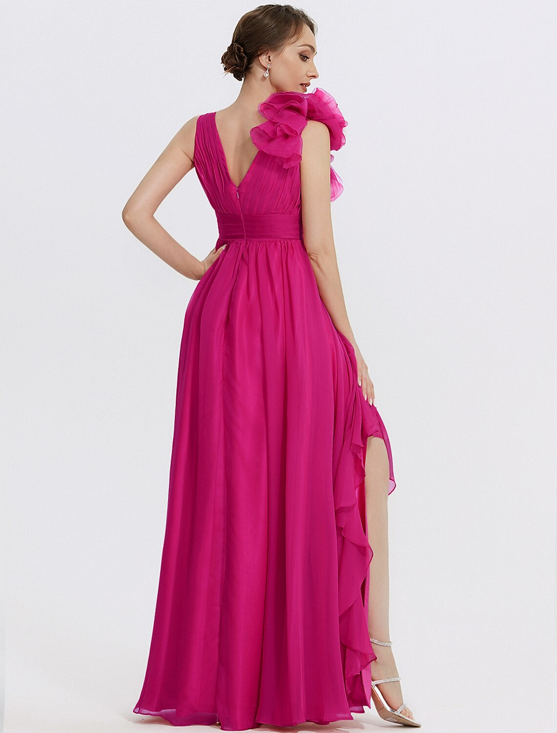 A-Line Evening Gown Floral Dress Formal Wedding Guest Floor Length Sleeveless V Neck Chiffon with Ruched Appliques