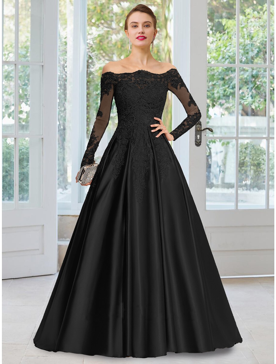 A-Line Evening Gown Floral Dress Formal Black Dress Court Train Long Sleeve Off Shoulder Lace with Appliques