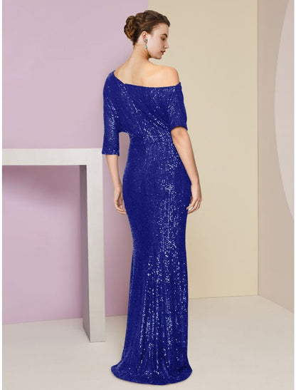 Sheath / Column Mother of the Bride Dress Wedding Guest Sparkle & Shine Elegant Off Shoulder Sweep / Brush Train Sequined Half Sleeve with Sequin Ruching Solid Color