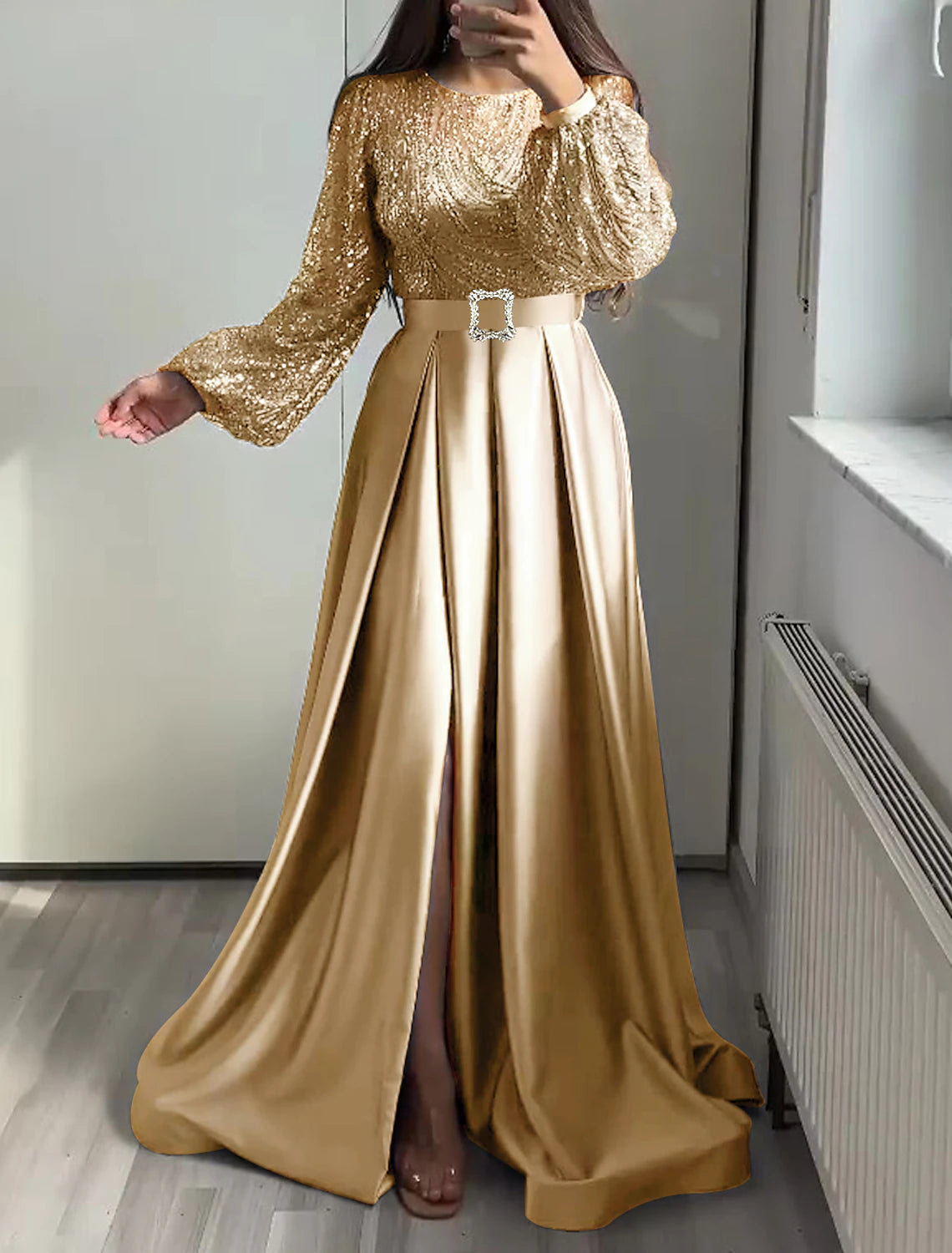 A-Line Evening Gown Elegant Dress Wedding Black Tie Floor Length Long Sleeve Jewel Neck Fall Wedding Guest Satin with Sequin