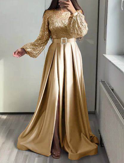 A-Line Evening Gown Elegant Dress Wedding Black Tie Floor Length Long Sleeve Jewel Neck Fall Wedding Guest Satin with Sequin