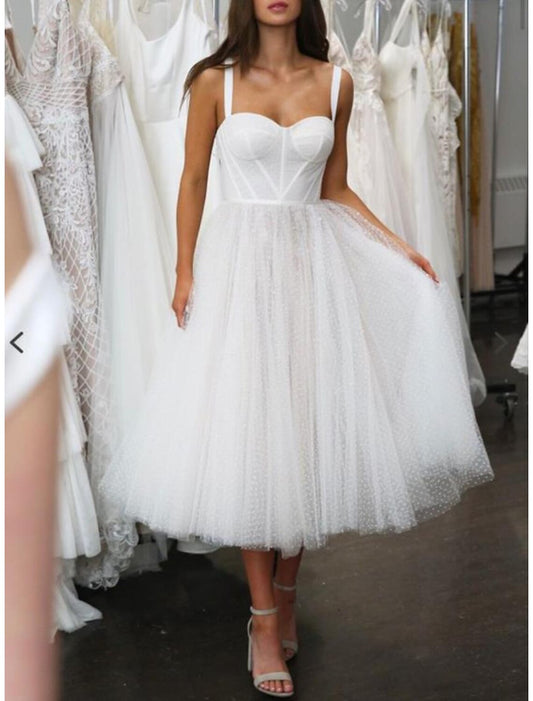 Hall Little White Dresses Wedding Dresses A-Line Sweetheart Camisole Sleeveless Tea Length Chiffon Bridal Gowns With Pleats