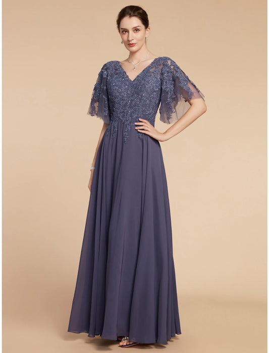 A-Line Mother of the Bride Dress Wedding Guest Elegant V Neck Floor Length Chiffon Lace Short Sleeve with Sequin Ruching Solid Color