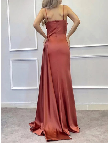 A-Line Evening Gown Elegant Dress Formal Sweep / Brush Train Sleeveless Spaghetti Strap Imitation Silk with Pleats Ruched Sequin