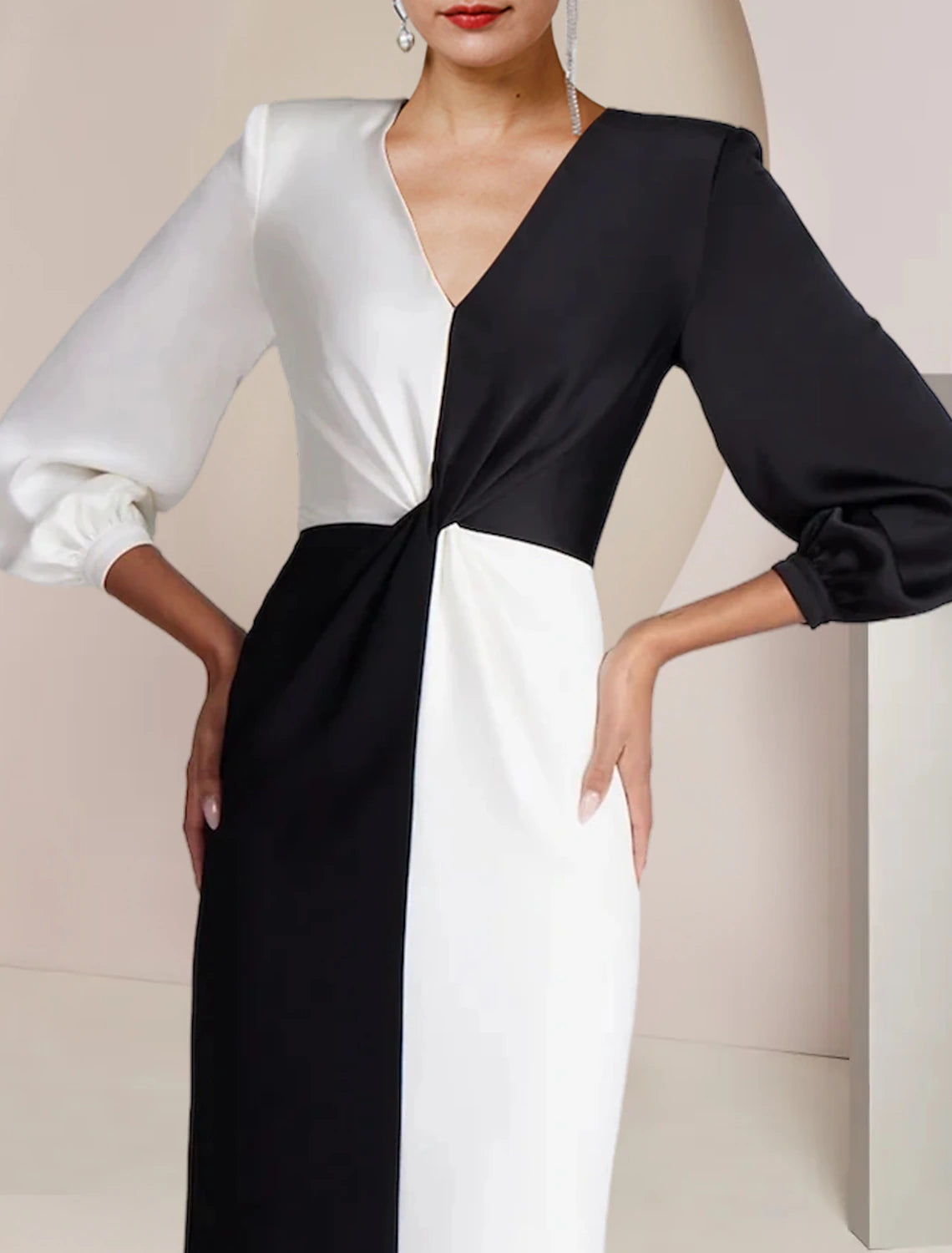 Sheath / Column Mother of the Bride Dress Formal Wedding Guest Party Elegant V Neck Floor Length Stretch Satin 3/4 Length Sleeve with Color Block