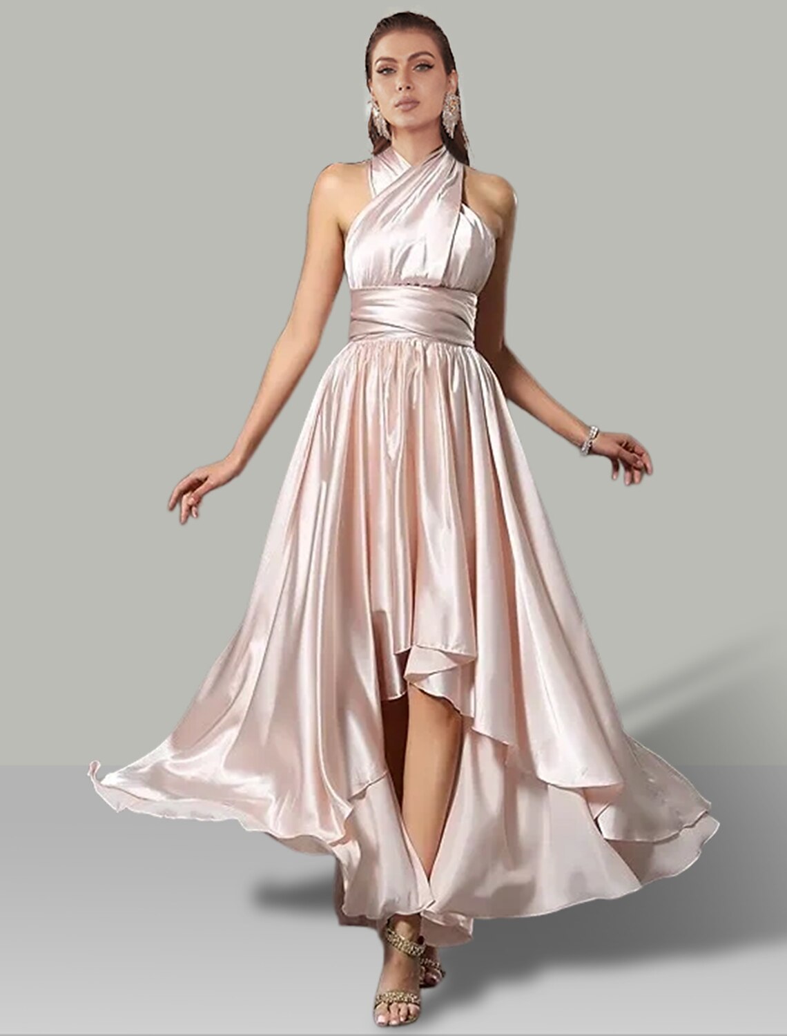 A-Line Wedding Guest Dresses High Low Dress Summer Garden Party Asymmetrical Sleeveless V Neck Convertible Satin with Ruched