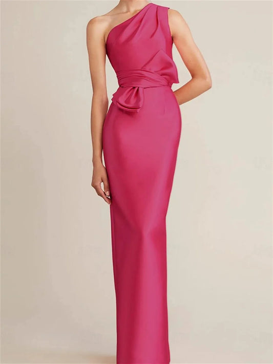 Pleated tight fitting/straight leg single shoulder sleeveless prom dress