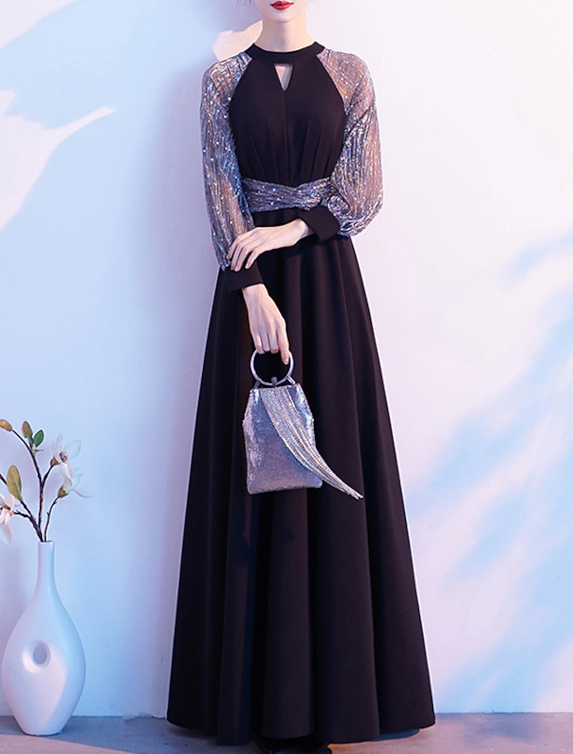 A-Line Evening Gown Elegant Dress Wedding Guest Formal Evening Floor Length Long Sleeve Halter Neck Spandex with Sash / Ribbon