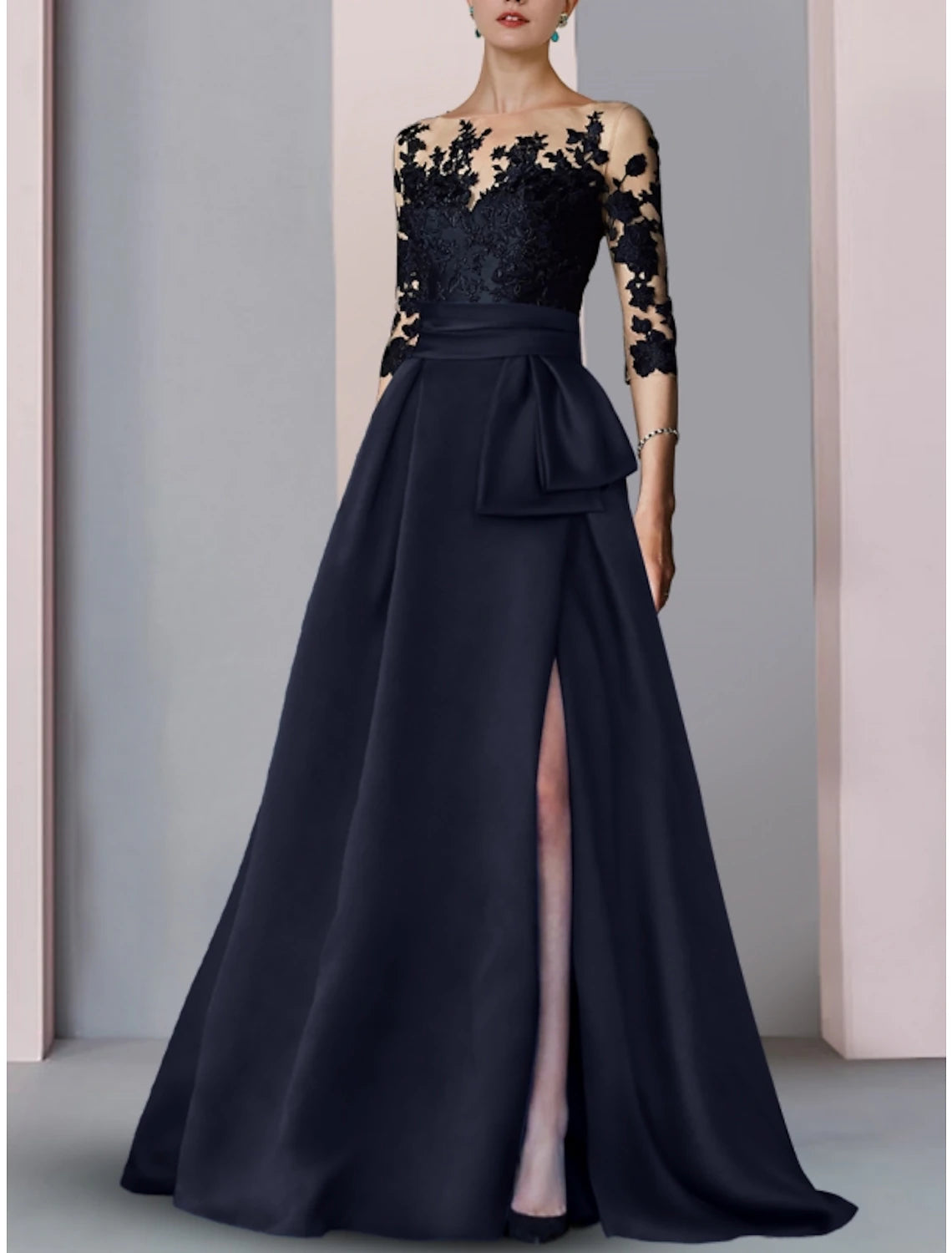 A-Line Evening Gown High Split Dress Formal Fall Sweep / Brush Train Half Sleeve Illusion Neck Satin with Slit Embroidery