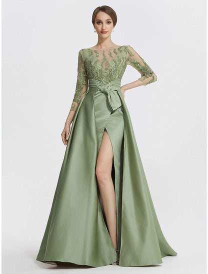 A-Line Evening Gown Elegant Dress Formal Floor Length 3/4 Length Sleeve Jewel Neck Satin with Slit Embroidery Appliques