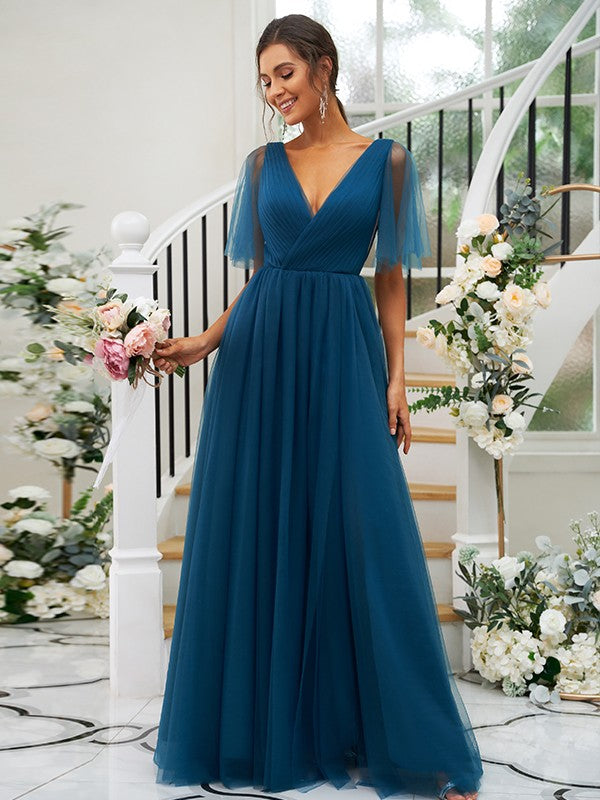 A-Line/Princess Tulle Ruffles V-neck Short Sleeves Floor-Length Bridesmaid Dresses