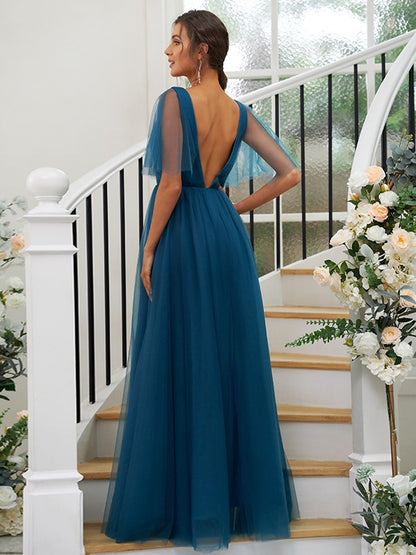 A-Line/Princess Tulle Ruffles V-neck Short Sleeves Floor-Length Bridesmaid Dresses