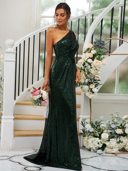 Sheath/Column Sequins Ruched One-Shoulder Sleeveless Sweep/Brush Train Bridesmaid Dresses