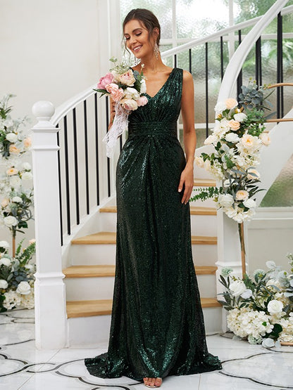 Sheath/Column Sequins Ruched V-neck Sleeveless Sweep/Brush Train Bridesmaid Dresses