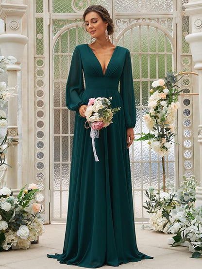 A-Line/Princess Chiffon Ruffles V-neck Long Sleeves Sweep/Brush Train Bridesmaid Dresses