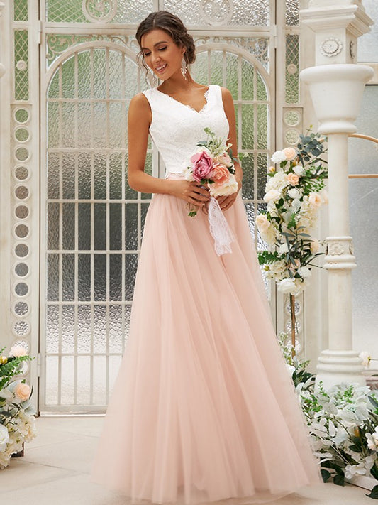 A-Line/Princess Tulle Lace V-neck Sleeveless Floor-Length Two Piece Bridesmaid Dresses