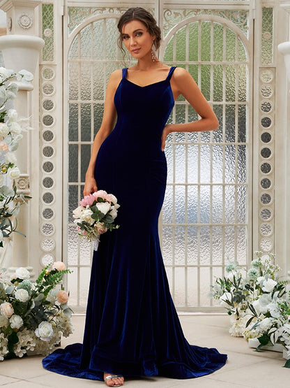 Trumpet/Mermaid Velvet Ruffles Straps Sleeveless Sweep/Brush Train Bridesmaid Dresses