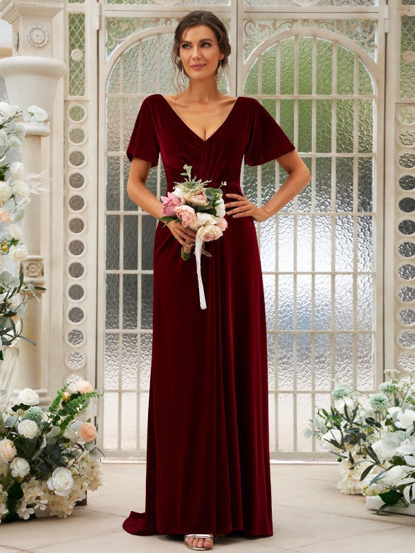 A-Line/Princess Velvet Ruched V-neck Short Sleeves Sweep/Brush Train Bridesmaid Dresses