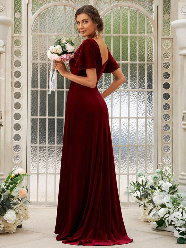 A-Line/Princess Velvet Ruched V-neck Short Sleeves Sweep/Brush Train Bridesmaid Dresses