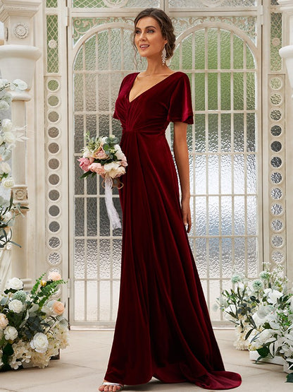 A-Line/Princess Velvet Ruched V-neck Short Sleeves Sweep/Brush Train Bridesmaid Dresses