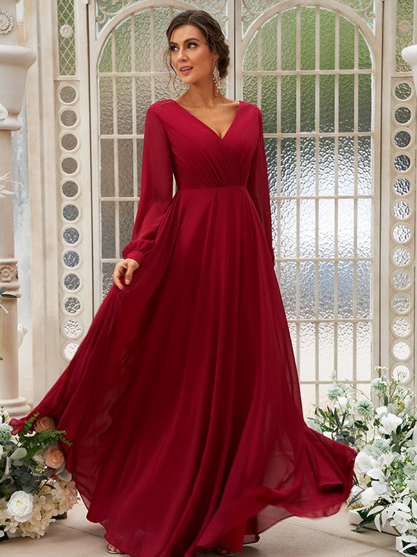 A-Line/Princess Chiffon Ruched V-neck Long Sleeves Floor-Length Bridesmaid Dresses