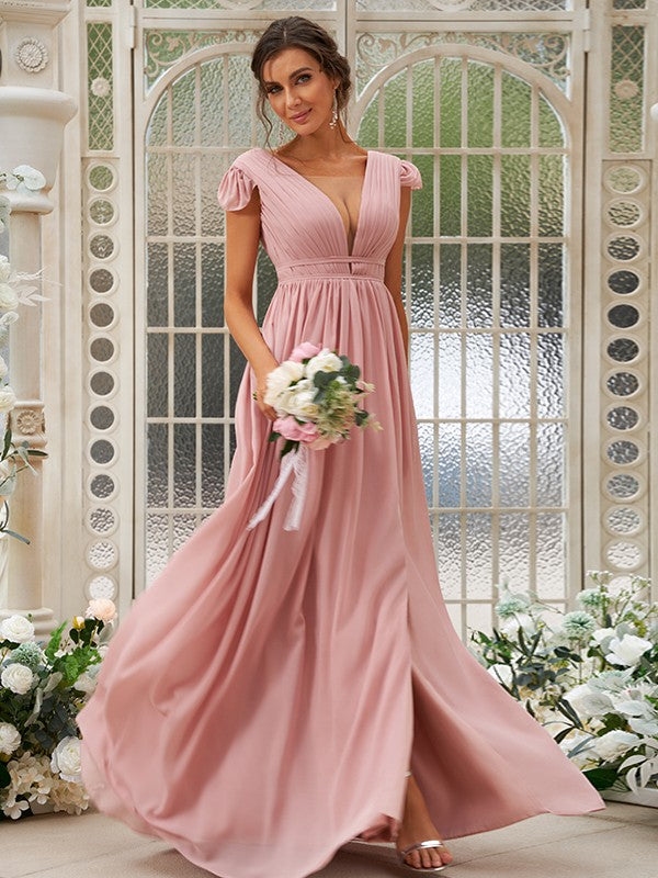 A-Line/Princess Chiffon Ruffles V-neck Sleeveless Sweep/Brush Train Bridesmaid Dresses