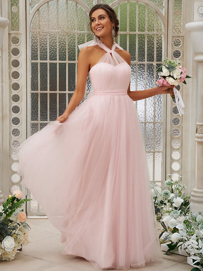 A-Line/Princess Tulle Ruffles Halter Sleeveless Floor-Length Bridesmaid Dresses