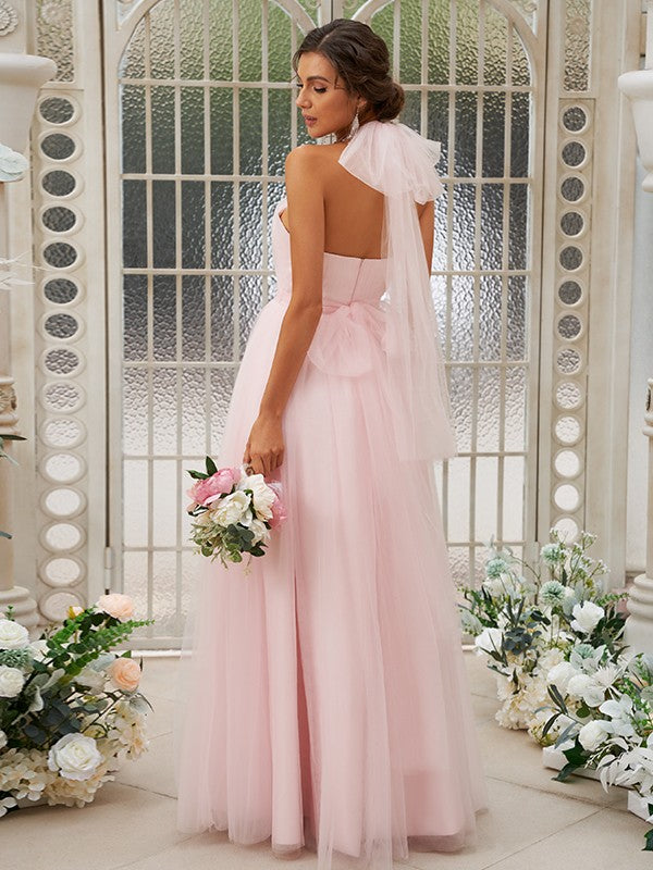 A-Line/Princess Tulle Ruffles Halter Sleeveless Floor-Length Bridesmaid Dresses