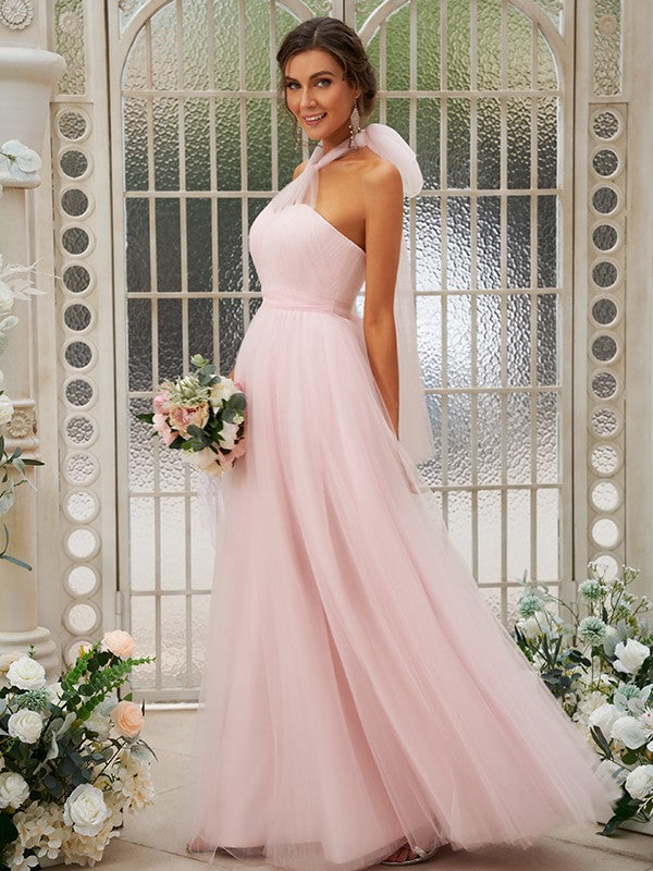 A-Line/Princess Tulle Ruffles Halter Sleeveless Floor-Length Bridesmaid Dresses